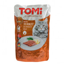 Консервы для кошек TOMi, индейка в шпинатном желе, пауч, 0.1кг